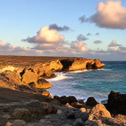 Caribbean Holidays, Aruba Nature Holidays, A wide view of Aruba's rugged north coast in November, with golden sunlight, turquoise sea and natural rock formations