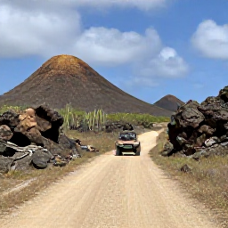 Caribbean Holidays, Aruba Nature Holidays, Ari Kok National Park in Aruba with cactus hills, rugged volcanic rocks and a small four-wheel-drive vehicle on a dusty track