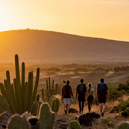 Caribbean Holidays, Aruba Nature Holidays, Aruba at sunrise with hikers walking through cactus landscape and soft golden light over the hills