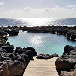 Caribbean Holidays, Aruba Nature Holidays, Calm natural pool in Aruba surrounded by dark rocks and sunlit sea spray, viewed from a safe coastal path