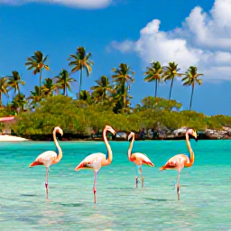 Caribbean Holidays, Aruba Nature Holidays, Flamingos standing in shallow turquoise water on Renaissance Island near Aruba, with palm trees and a bright tropical sky