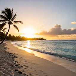 Caribbean Holidays, Aruba Nature Holidays, Golden sandy beach in Aruba at sunrise, calm turquoise sea, gentle trade winds and a few palm trees