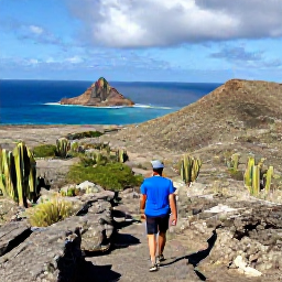 Caribbean Holidays, Aruba Nature Holidays, Hiker walking through Aruba's Arikok National Park among cacti, rocky hills and dramatic coastal scenery