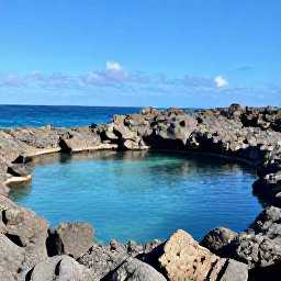 Caribbean Holidays, Aruba Nature Holidays, Natural pool in Aruba surrounded by dark volcanic rocks, clear blue water and bright Caribbean sunlight