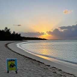 Caribbean Holidays, Aruba Nature Holidays, Quiet Aruba beach at sunset with calm turquoise water, pale sand and a sea turtle conservation sign near the dunes