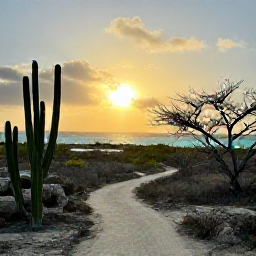 Caribbean Holidays, Aruba Nature Holidays, Quiet Aruba nature trail at sunset with cacti, dry woodland and a distant turquoise sea