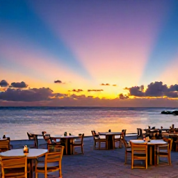 Caribbean Holidays, Aruba Nature Holidays, Relaxed evening on Aruba's west coast with a colourful sunset, calm sea and outdoor restaurant tables
