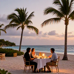 Caribbean Holidays, Aruba Nature Holidays, Relaxed outdoor dinner beside a Caribbean beach in Aruba, with warm evening light and palm trees