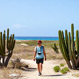 Caribbean Holidays, Aruba Nature Holidays, Traveller walking through Aruba countryside with a camera, cactus plants and distant blue sea beneath a clear sky