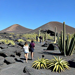 Caribbean Holidays, Aruba Nature Holidays, Visitors walking through Arikok National Park among cacti, aloe plants and rugged volcanic hills under a clear blue sky