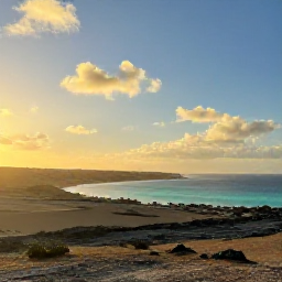 Caribbean Holidays, Aruba Nature Holidays, Warm December sunrise over Aruba's rugged north coast, with golden light, desert landscape and turquoise sea