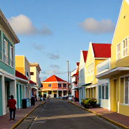 Caribbean Holidays, Aruba November Holidays, Colourful Oranjestad street with Dutch colonial buildings, local shops and visitors exploring Aruba in warm November sunshine