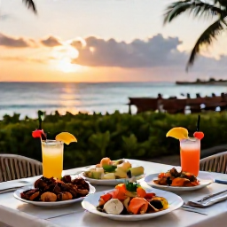 Caribbean Holidays, Aruba November Holidays, Outdoor restaurant in an Aruba all-inclusive resort with fresh seafood, tropical drinks and sunset light over the Caribbean Sea