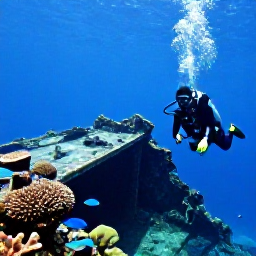 Caribbean Holidays, Aruba Scuba Diving, A scuba diver approaching the SS Antilla shipwreck off Aruba, with coral growth, fish and clear blue Caribbean water