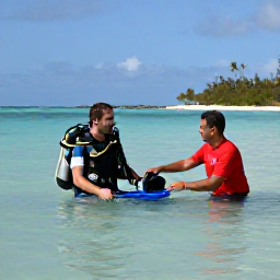 Caribbean Holidays, Aruba Scuba Diving, Beginner scuba diver receiving instruction from a friendly dive guide in shallow calm water near an Aruban beach