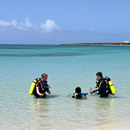 Caribbean Holidays, Aruba Scuba Diving, Beginner scuba divers receiving instruction in calm shallow water near an Aruba beach