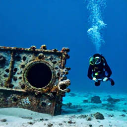 Caribbean Holidays, Aruba Scuba Diving, Diver swimming beside a sunken shipwreck on the sandy seabed near Aruba
