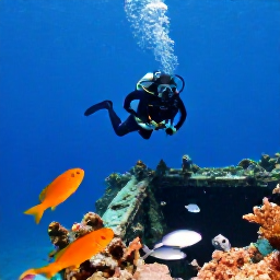 Caribbean Holidays, Aruba Scuba Diving, Divers swimming above the Antilla shipwreck surrounded by tropical fish in Aruba