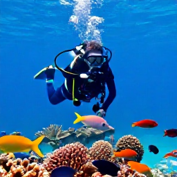 Caribbean Holidays, Aruba Scuba Diving, Experienced scuba diver photographing colourful tropical fish above a coral reef near Aruba