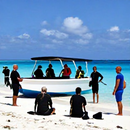 Caribbean Holidays, Aruba Scuba Diving, Friendly Aruba dive instructor briefing a small group of divers beside a boat on a sunny beach
