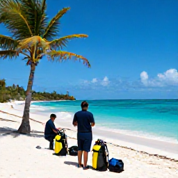 Caribbean Holidays, Aruba Scuba Diving, Friendly dive instructors preparing scuba equipment beside a sunny Aruba beach, with palm trees and turquoise sea