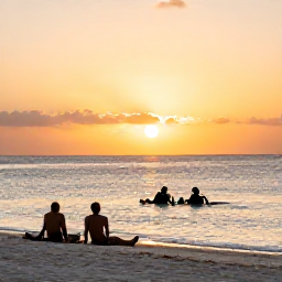 Caribbean Holidays, Aruba Scuba Diving, Golden sunset over an Aruba beach with divers relaxing near the shoreline after a day at sea