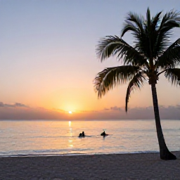 Caribbean Holidays, Aruba Scuba Diving, Relaxed beach scene in Aruba at sunset with palm trees, calm sea and divers returning from the water