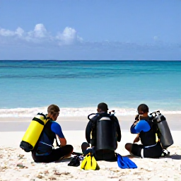 Caribbean Holidays, Aruba Scuba Diving, Relaxed scuba divers preparing equipment beside a sunny Aruba beach after a dive