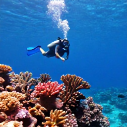 Caribbean Holidays, Aruba Scuba Diving, Scuba diver swimming above colourful coral and tropical fish in clear blue water off Aruba