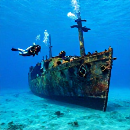 Caribbean Holidays, Aruba Scuba Diving, Scuba divers swimming around the SS Antilla shipwreck in clear blue Caribbean water off Aruba