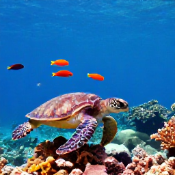 Caribbean Holidays, Aruba Scuba Diving, Sea turtle and colourful tropical fish swimming above a coral reef near Aruba