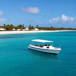 Caribbean Holidays, Aruba Scuba Diving, Small dive boat on calm turquoise sea with Aruba coastline and bright sandy beach in the background
