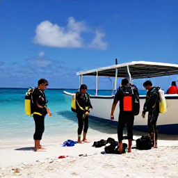Caribbean Holidays, Aruba Scuba Diving, Small group of scuba divers preparing equipment beside a boat on an Aruba beach