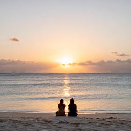 Caribbean Holidays, Aruba September Holidays, Couple enjoying a quiet sunset on Eagle Beach in Aruba, soft golden light, calm sea and white sand