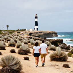 Caribbean Holidays, Aruba September Holidays, Couple exploring Aruba&rsquo;s rugged north coast near California Lighthouse, desert plants and dramatic sea views