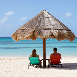 Caribbean Holidays, Aruba September Holidays, Couple relaxing on a quiet Aruba beach beneath a palapa, calm blue water, bright sunshine and soft white sand