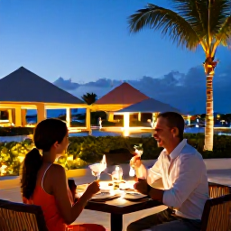 Caribbean Holidays, Aruba September Holidays, Elegant adults-only Aruba resort restaurant at dusk, couple dining outdoors with warm lighting and tropical surroundings