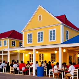 Caribbean Holidays, Aruba September Holidays, Outdoor caf&eacute; in Oranjestad, Aruba, with colourful architecture, diners enjoying local food and warm evening light