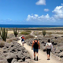 Caribbean Holidays, Aruba Solo December, Solo traveller hiking through Aruba's rugged Arikok National Park with cacti, desert landscape and distant sea views