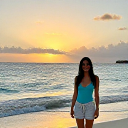 Caribbean Holidays, Aruba Solo Holidays, A happy solo traveller enjoying a July sunset over the Caribbean Sea in Aruba, golden sky, gentle waves and peaceful beach setting