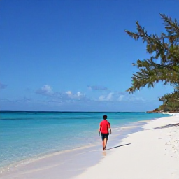 Caribbean Holidays, Aruba Solo Holidays, A lone traveller walking along Eagle Beach in Aruba, calm turquoise sea, white sand, Divi Divi trees and clear blue July sky
