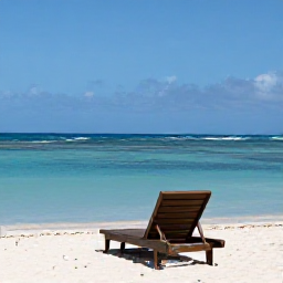 Caribbean Holidays, Aruba Solo Holidays, A peaceful Aruba beach with a single sun lounger, calm blue sea and bright April sunshine, realistic holiday photograph