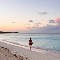 Caribbean Holidays, Aruba Solo Holidays, A solo traveller walking along a quiet white-sand beach in Aruba at sunrise, calm turquoise sea and pastel sky