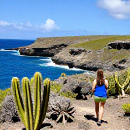 Caribbean Holidays, Aruba Solo Holidays, Aruba natural landscape with rugged coastline, cacti and a solo hiker in Arikok National Park under February sunshine