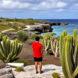 Caribbean Holidays, Aruba Solo Holidays, Aruban countryside with rugged cactus landscape, rocky coastline and a solo traveller exploring Arikok National Park