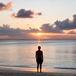 Caribbean Holidays, Aruba Solo Holidays, Beautiful Aruba sunset over the Caribbean Sea, solo traveller watching from a quiet beach
