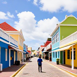 Caribbean Holidays, Aruba Solo Holidays, Colourful Oranjestad street in Aruba with Dutch colonial buildings, shops and a solo traveller exploring