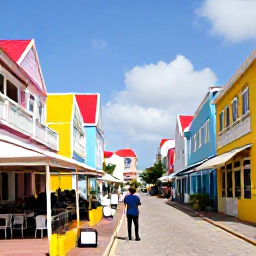 Caribbean Holidays, Aruba Solo Holidays, Colourful Oranjestad street with Dutch-Caribbean architecture, caf&eacute;s, shops and a solo visitor exploring in February sunshine