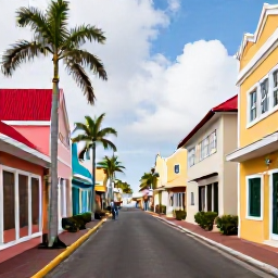 Caribbean Holidays, Aruba Solo Holidays, Colourful Oranjestad street with Dutch Caribbean architecture, palm trees and a solo visitor exploring