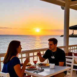 Caribbean Holidays, Aruba Solo Holidays, Friendly Aruba restaurant terrace at sunset, solo diner enjoying Caribbean food and relaxed evening atmosphere